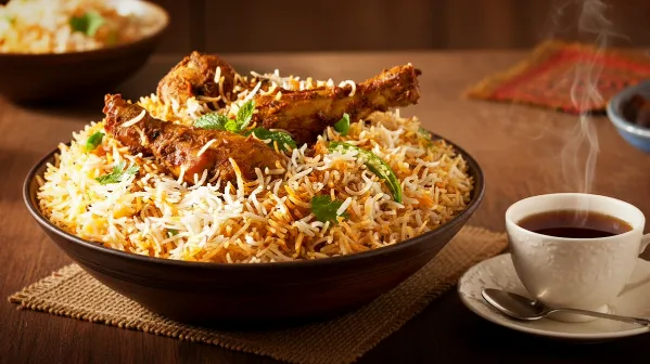 Hyderabadi Chicken Dum Biryani - A bowl of Hyderabadi Chicken Dum Biryani garnished with herbs, featuring pieces of chicken and fluffy basmati rice, accompanied by a cup of tea.