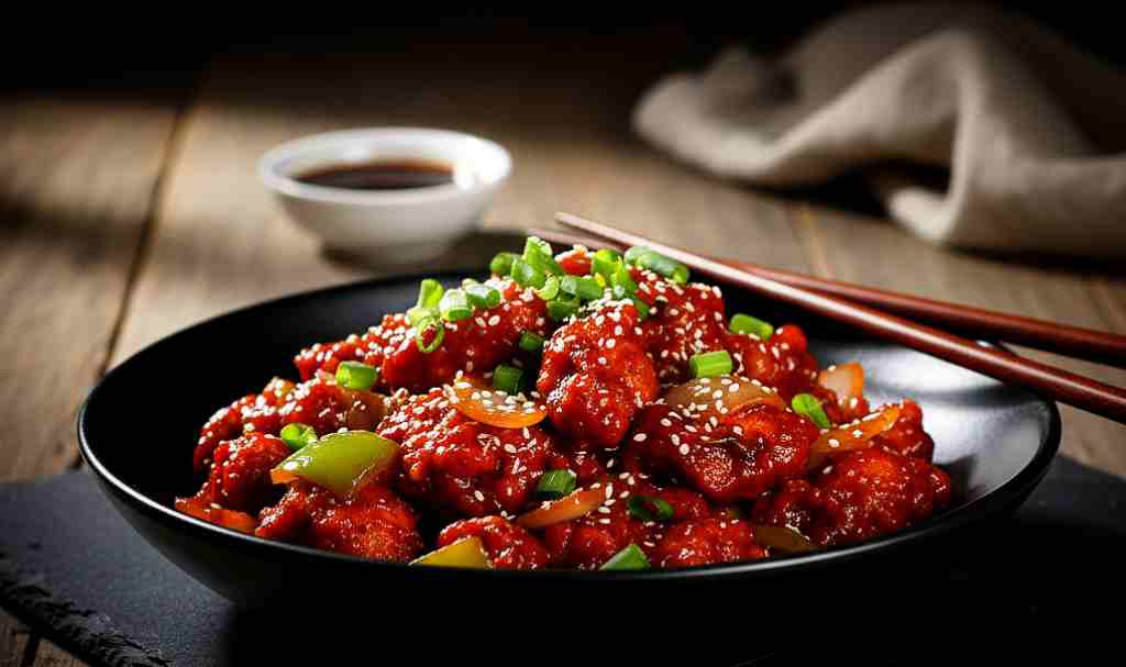 Close-up of chilli chicken with capsicum and green chillies
