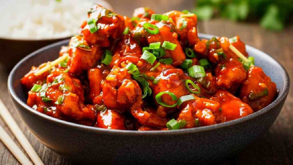 Crispy Dry Chicken Manchurian garnished with spring onions in a ceramic bowl