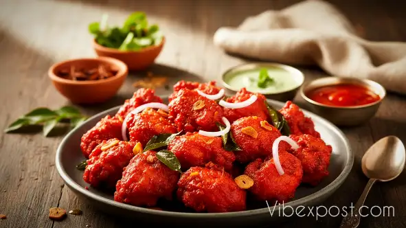 Chicken 65 served hot with curry leaves and green chilies, a popular South Indian fried chicken dish